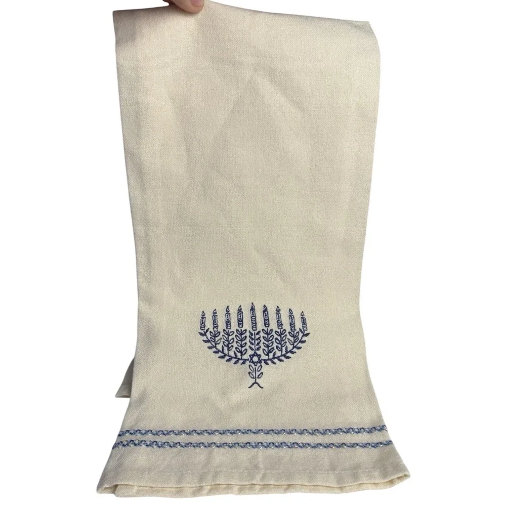 Hanukkah Chanukah Dish Towel Tea Towel Cotton Embroidered Menorah‎ Blue Ivory